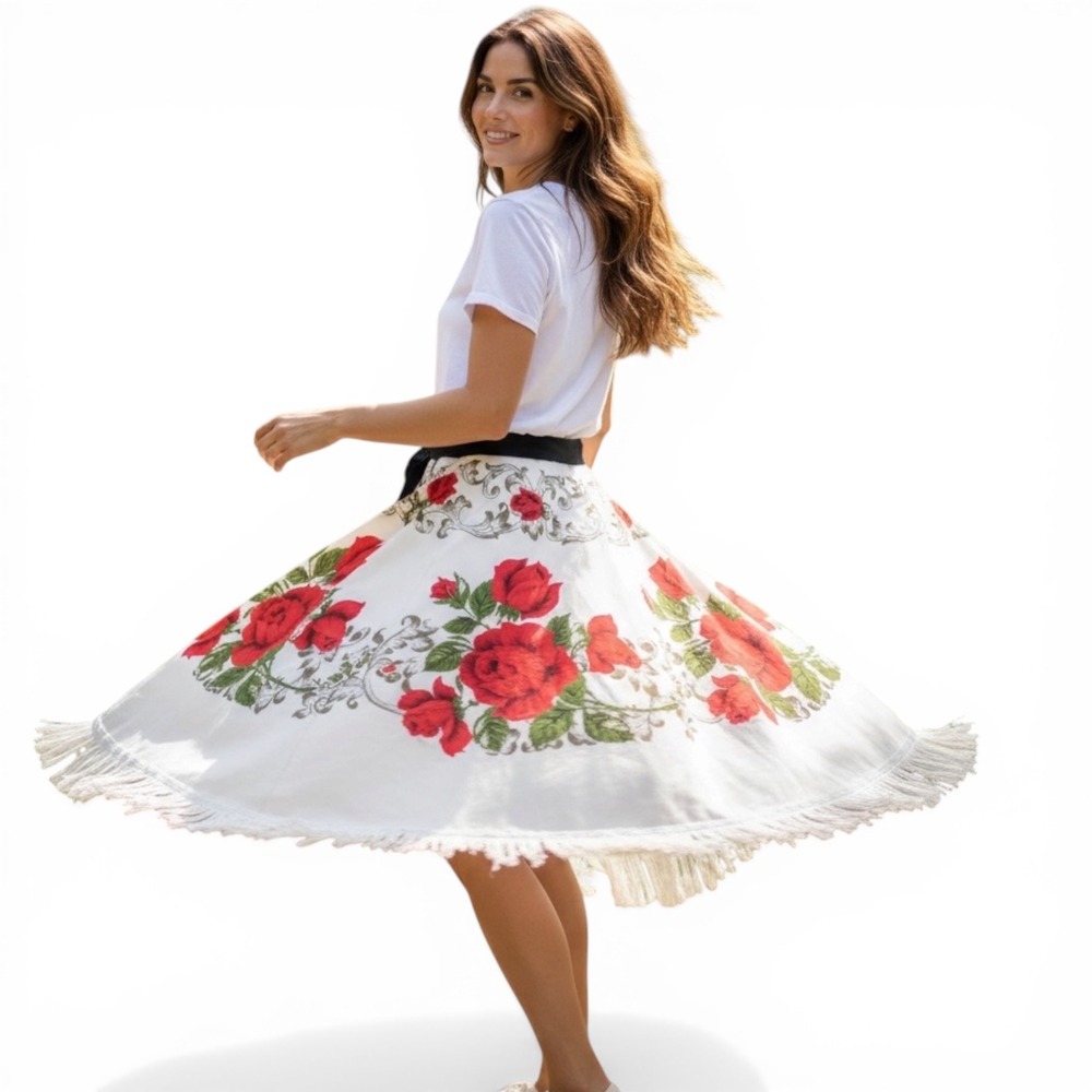 Vintage Red Rose Floral Wrap Circle Skirt White‎ Fringe Trim Rockabilly Swing